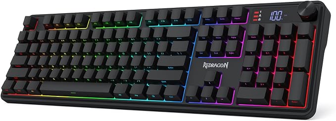 Redragon K526 PRO Wireless RGB Membrane Gaming Keyboard, LED Screen & Knob | See Battery, Mode & Time at a Glance, 0-Delay Tri-Mode, One-Touch Backlit & Media Adjust, 26-Key Anti-Ghost for Combo-Strike
