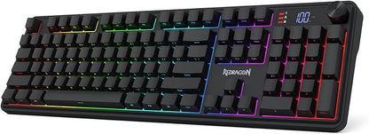 Redragon K526 PRO Wireless RGB Membrane Gaming Keyboard, LED Screen & Knob | See Battery, Mode & Time at a Glance, 0-Delay Tri-Mode, One-Touch Backlit & Media Adjust, 26-Key Anti-Ghost for Combo-Strike