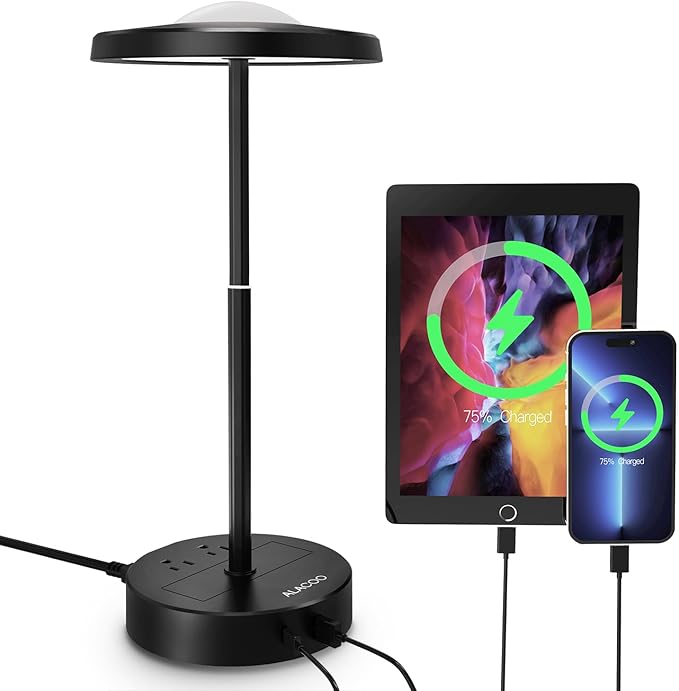 LED Table Lamp Dimmable Desk Lamp Reading Lamp with USB A & Type C Charging Port 2 Prong Outlet Power Touch Control Night Light Retractable for Bedroom, Living Room, Dorm, Study, Home Office