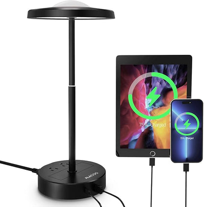 LED Table Lamp Dimmable Desk Lamp Reading Lamp with USB A & Type C Charging Port 2 Prong Outlet Power Touch Control Night Light Retractable for Bedroom, Living Room, Dorm, Study, Home Office