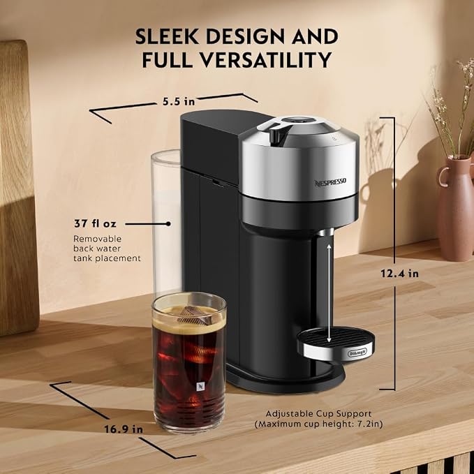Nespresso Vertuo Next Deluxe Coffee & Espresso Maker by De'Longhi | Brews 6 cup sizes including 5, 8, 12 and 18 oz. Slim, sustainable design with over 40 Vertuo coffee blends to explore.
