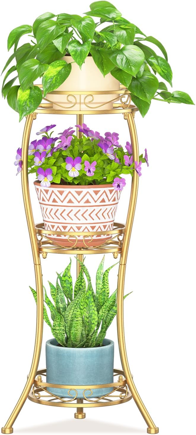 LASZOLA Gold 3 Tier Tall Plant Stand for Indoor Outdoor, Large Multiple Level Flower Planter Holder Organizer Rack for Patio Office Bathroom Corner Floor, Sturdy Heavy Duty Metal, Vertical Display
