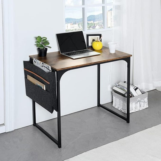 FurnitureR 31.5 inch Small Study Writing Table with Storage Bag Space Saving for Home Office, Modern PC Metal Frame Computer Desk, Black/Brown