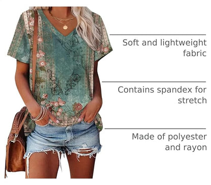 Alaroo Womens Summer Tops 2026 V Neck Short Sleeve Shirts Trendy Dressy Casual Vacation Outfits Printed