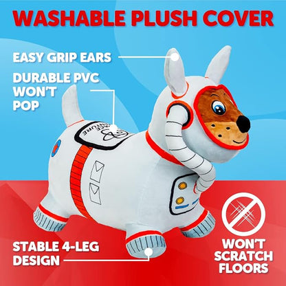 WADDLE Bouncy Hopper Inflatable Animal Hopping Plush, Indoor and Outdoor Toy for Toddlers and Kids, Pump Included, Boys and Girls Ages 2 Years and Up (Space Dog)