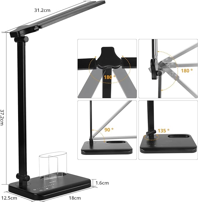 iVict LED Desk Lamp, Adjustable Table Foldable Lamp with USB Charging Port, 25 Lighting Modes, 45-Minute Auto Timer, Dual Swing Arm Desk Light with Pen Holde for Home Office/Study(Pink)