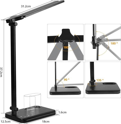 iVict LED Desk Lamp, Adjustable Table Foldable Lamp with USB Charging Port, 25 Lighting Modes, 45-Minute Auto Timer, Dual Swing Arm Desk Light with Pen Holde for Home Office/Study(Pink)