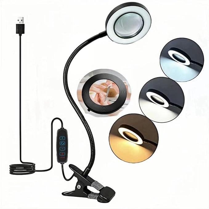 Magnifying Glass with Light and Stand 10X, Craft Lamp Adjustable Gooseneck Clip on Lamp 12W 3 Colors Dimmable LED Desk Lamp Lighted magnifying glass for Working,Studying Crafting Professionals