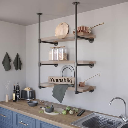 Yuanshikj 2Pc (42" tall 12" deep, 3/4") Industrial Wall Mount iron Pipe Shelf Shelves Shelving Bracket Vintage Retro Black DIY Open Bookshelf Storage Home Kitchen (2 Pcs 3Tier Hardware only)