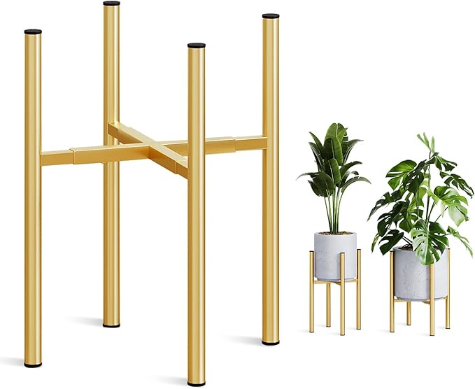 Adjustable Metal Plant Stand Indoor, Mid Century Modern Outdoor Planter Holder for 8 to 14 Inch Pots, Heavy Duty 160 LB Load, Corner Floor Stand for Home Garden Decor Golden