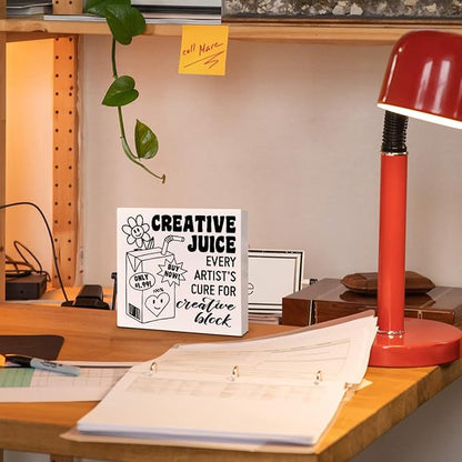 Retro Home Office Desk Wooden Box Sign Decor, Every Artist's Cure for Creative Block, Inspirational Quotes Desk Decor Motivational Desk Decorations for Women Men Student Office Classroom School