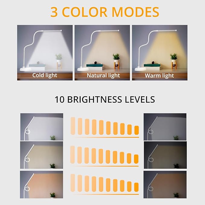 LED Desk Lamp, Swing Arm Architect Task Lamp with Long Flexible Gooseneck, Heavy Base, 3 Color Modes, 10 Brightness Levels, and USB Adapter, Desk Light for Home/Office/Drafting/Reading
