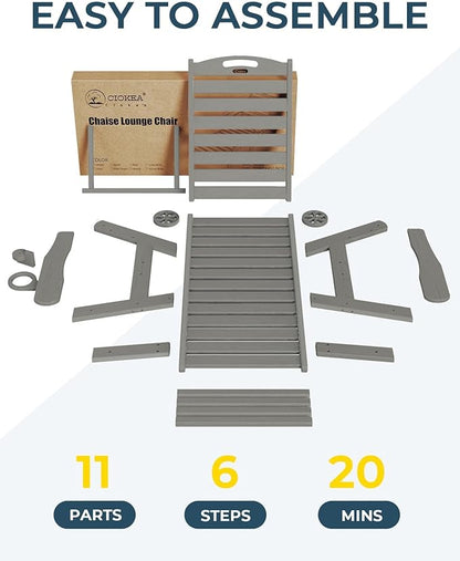 Outdoor Chaise Lounge Chair Set of 2, Patio Lounge Chairs for Outside, HDPE Lounge Chairs with Wheels & Cup Holder, Poly Lounge Chair with 5 Position for Poolside, Deck, Grey
