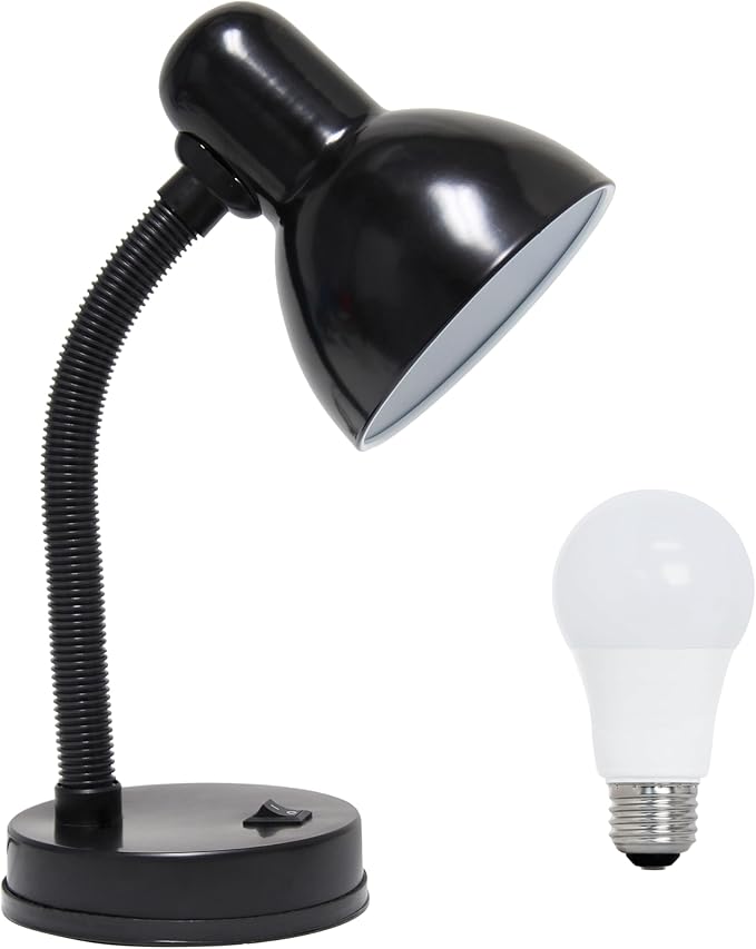 Simple Designs LD1003-BLK-LB 14.25" Basic Metal Desk Lamp with Flexible Hose Neck for Office, Living Room, Bedroom, College Dorm, Bookshelf, Black, with Feit LED Bulb Included
