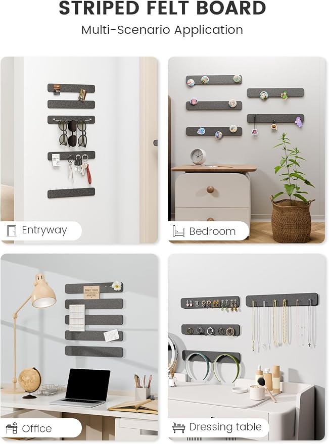 Fluxynara 13" x 2" Felt Wall Panels, Charcoal Gray | 5-Pack Cork Board Alternative with 35 Push Pins, Adhesive Mounting for Bedroom Door or Home Office