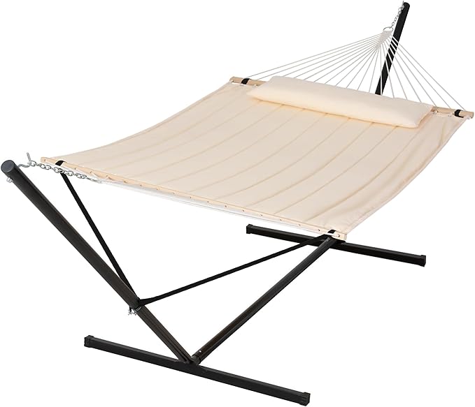 SUNCREAT Double Outdoor Hammock with 15 ft Stand, Standing Patio Hammocks for Outside, Beige