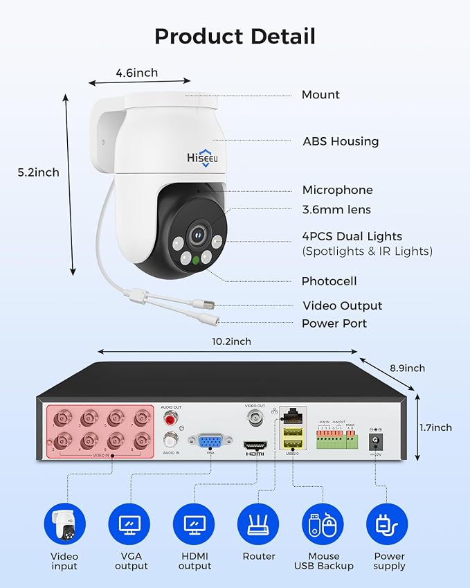 Hiseeu 4K PTZ Wired Security Camera System with 8 x 8MP CCTV Cameras | 360° Coverage,Smart Color Night Vision,Audio,Person/Vehicle Detection,8MP DVR,2TB HDD for 24/7 Recording,Surveillance DVR Kit