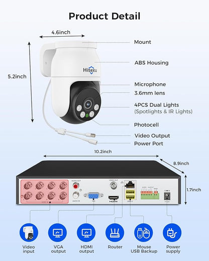 Hiseeu 4K PTZ Wired Security Camera System with 8 x 8MP CCTV Cameras | 360° Coverage,Smart Color Night Vision,Audio,Person/Vehicle Detection,8MP DVR,2TB HDD for 24/7 Recording,Surveillance DVR Kit