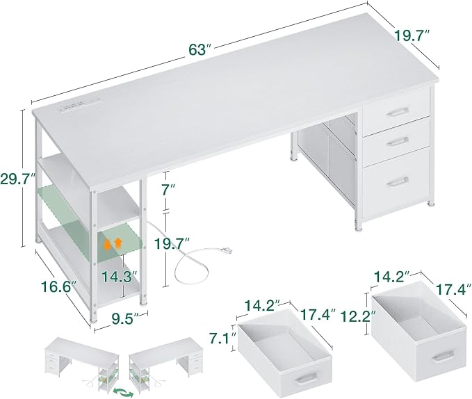 AODK 63 Inch Computer Desk with Drawers & USB Power Outlets | Reversible Home Office Desk with Storage Shelves, Work from Home, Modern Work/Writing/Study Table for Bedroom, White