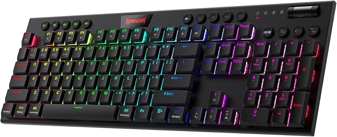 Redragon K618 PRO Wireless Ultra-Thin Gaming Keyboard, Macro & Media Scroll | 0-Delay Tri-Mode, 5 On-Board Keybinding G Buttons for MMO MOBA Games, Dedicated Media Control, Easy-Switch Win/Mac Compatible