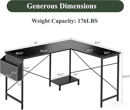 L Shaped Desk, 50 Inch Reversible Computer Desk Corner Gaming Table with CPU Stand & Storage Bag, Sturdy Metal Frame PC Workstation for Home Office, Black Wood | Storage Bag, Black Corner Gaming Table, Sturdy Metal Frame, PC Workstation for Home Office