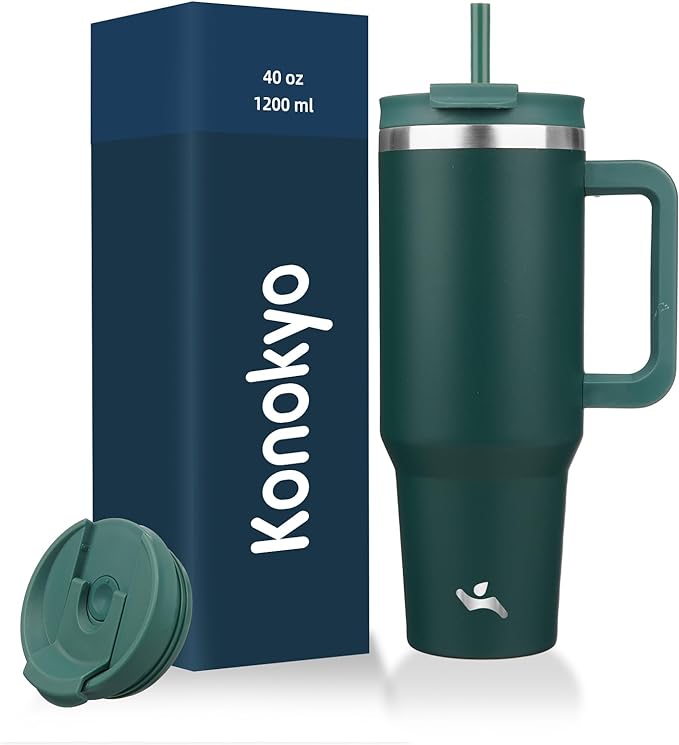 Konokyo 40 oz Insulated Tumbler Water Bottle with Handle, Straw Lid | BPA-free and dishwasher safe; made for gym, travel, coffee and gifting, 2 straws, cup holder friendly,Dark Green