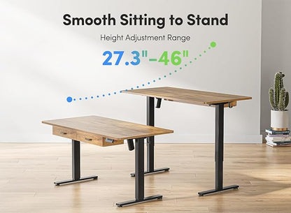 FEZIBO Adjustable Height Electric Standing Desk with Double Drawer, 55x 24 Inches Stand Up Home Office Desk with Splice Tabletop, Black Frame/Fir Brown Top