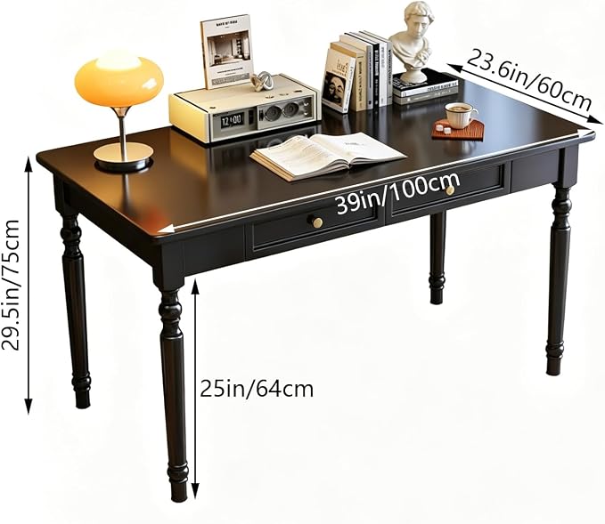 Solid Wooden Desk with Drawers, Small Writing Desk with Drawers for Computer, PC Desk for Work, Study or Gaming, Easy to Assemble (Walnut-B, 39in)