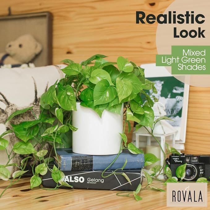 ROVALA Silk Plants for Home Decor Indoor in Pot Realistic Artificial Plants Fake Hanging Plants Faux Plants Indoor Fake Potted Plants Fake Plants for Shelves Bathroom Plants, Fake Pothos (Light Green)