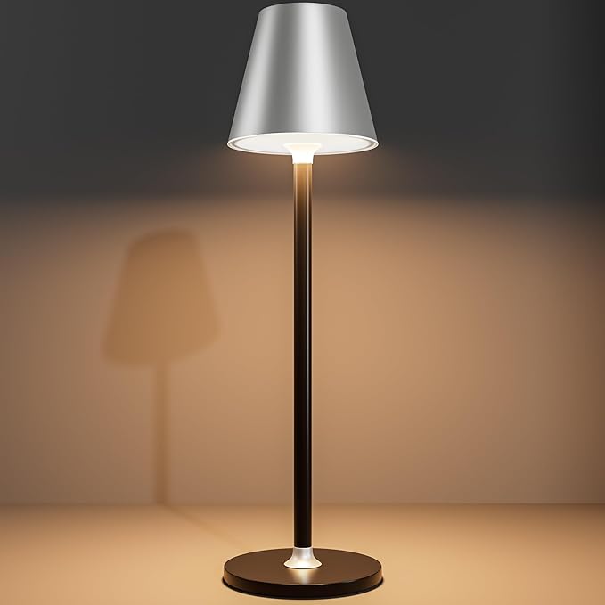 Modern LED CordlessTable Lamp,4000mAh Rechargeable Battery Desk lamp,3 Level Brightness Night Light, Metal Shell,Minimalist Design, for Couple Dinner/Coffee Table/Restaurant/Bedroom(Sliver&Black)