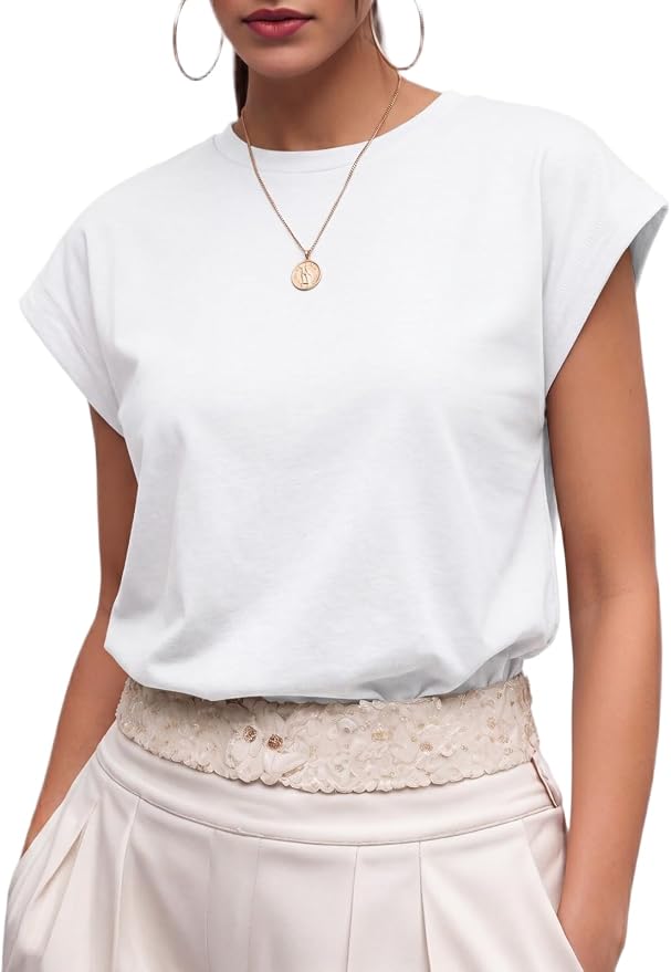 GRECERELLE Womens Summer Tops Cap Sleeve Crew Neck Basic T-Shirt | Everyday Casual Wear, Layering Friendly, Wrinkle-Resistant, Business Casual Ready, Lightweight & Packable, Capsule Wardrobe