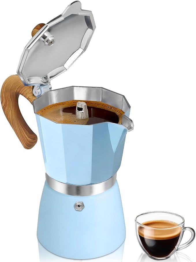 Coffee Maker Stovetop Espresso Maker 3 Cup Aluminum Moka Pot Percolator 5oz 150ml Easy Brewing for Electric Ceramic Stoves Home Camping Italian Cuban Café Classic Sip Sized Blue