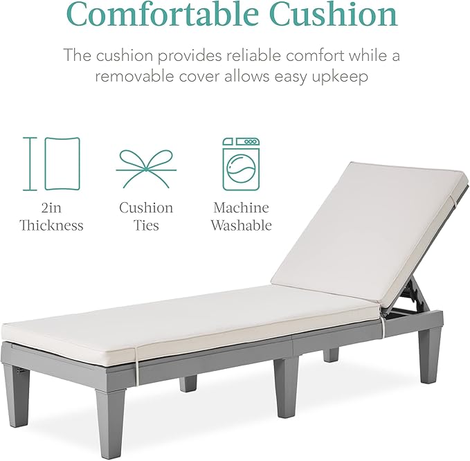 Best Choice Products Outdoor Lounge Chair, Resin Patio Chaise Lounger for Poolside, Backyard, Porch w/Seat Cushion, Adjustable Backrest, 5 Positions, 330lb Capacity - Gray/White Sand