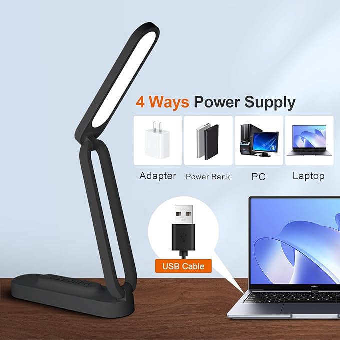 LED Desk Lamp for Office Home & Battery Operated Lamp Rechargeable Lamp Foldable & Portable Light, LED Desk Light Strip, 3 Brightness Dimmable Small Desk Lamp Reading Lamp (Black (2PACK))