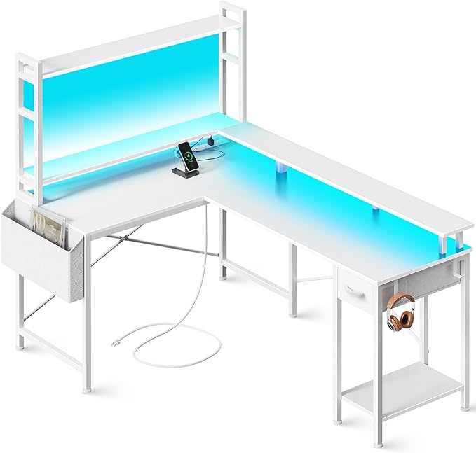 L Shaped Desk Gaming Desk with LED Lights & Power Outlets, Computer Desk with Storage Shelves, Corner Desk Home Office Desks for Bedroom, White