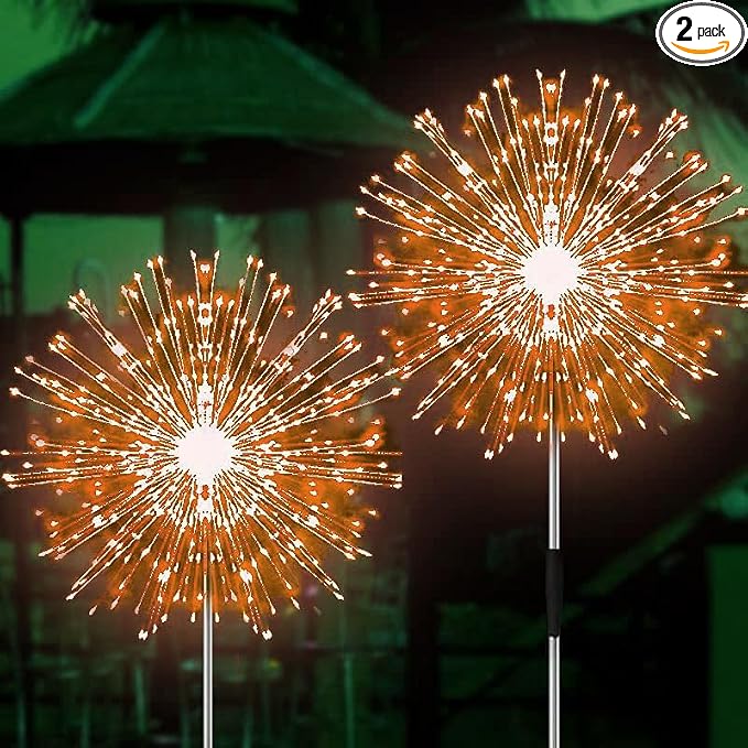 JJGoo Solar Firework Lights, 2 Pack 120 LEDs 2 Lighting Modes Solar Garden Lights Outdoor Waterproof for Yard Patio Walkway Pathway Party Wedding Christmas Decorative - Orange