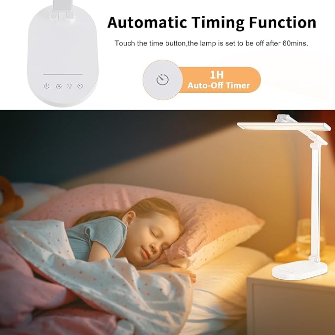 LED Desk Lamp, Dimmable Table Lamp Reading Lamp with USB Charging Port,5 Lighting Modes, Sensitive Control, 60 Minutes Auto-Off Timer, Eye-Caring Office Lamp(White)