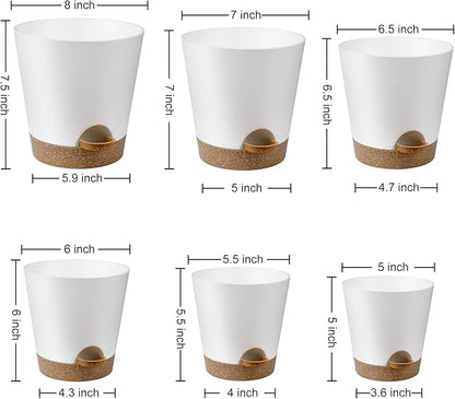 Indoor Self Watering Planters with Drainage Holes and Saucers, 8, 7, 6.5, 6, 5.5, 5 Inches, White, 6 Pots