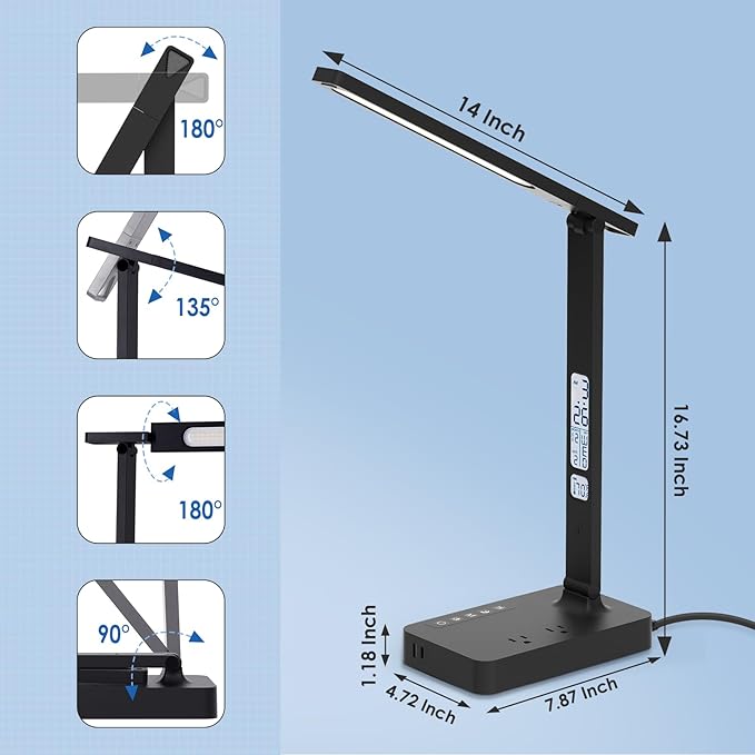 Desk Lamp with USB Charging Port: LED Eye-Caring Smart Table light for Home Office - 1 Type-C, 1 USB-A Charging Port, 2 AC Power Outlets.