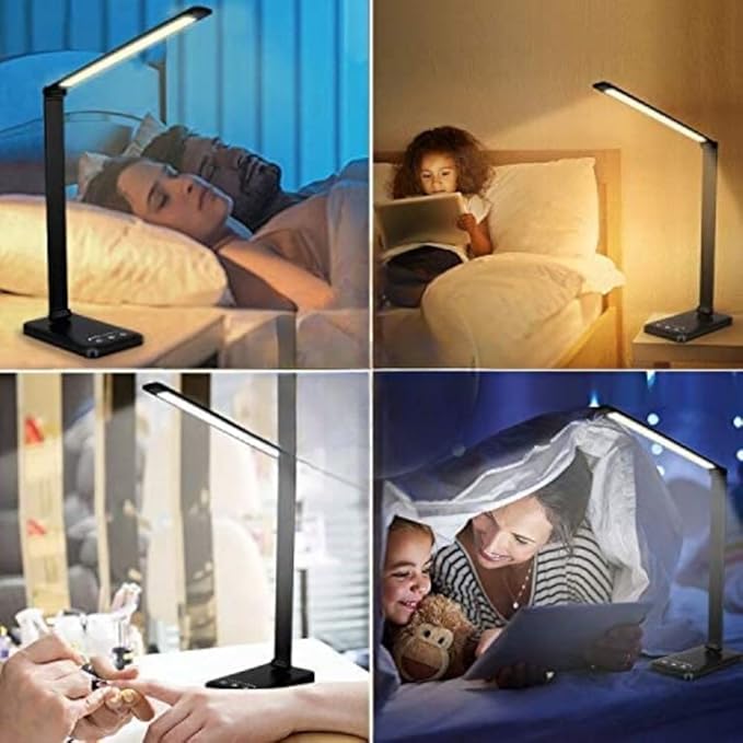 LED Desk Lamp Dimmable Table Reading Lamp with USB Charging Port, 5 Lighting Modes, Sensitive Control, 30/60 Minutes Auto-Off Timer, Eye-Caring Office Lamp (Black)