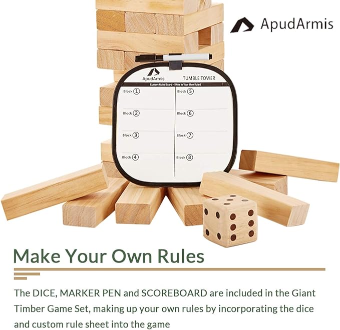 ApudArmis 54 PCS Tumble Timber Set [Up to 3.2FT], Pine Wooden Tumble Tower Game with Dice and Scoreboard Set - Classic Block Stacking Board Game for Teens Adults
