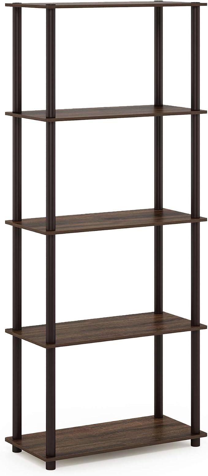 Furinno TURN-N-TUBE Storage Shelves, 5-Tier Book Shelf, Corner Shelf, Toolless Open Shelves, for Organization and Storage, Living Room, Garage, Home Office, Walnut