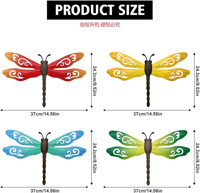 Metal Dragonfly Wall Decor, 4 Pack 14inch Metal Dragonfly Wall Hanging Sculpture Decor for Outdoor, Yard Patio Fence Garden Outside Decorations