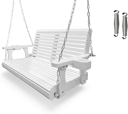 Wooden Porch Swing 2-Seater, Bench Swing with Cupholders, Hanging Chains and 7mm Springs, Heavy Duty 800 LBS, for Outdoor Patio Garden, Pure White, 4 FT Extra Large