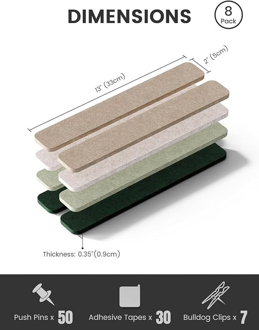 Fluxynara 13" x 2" Felt Wall Panels, Nordic Moss | 8-Pack Includes 50 Push Pins and Adhesive Tabs for Photos, Notes and Decor in Bedroom Doors, Home Office or Studios