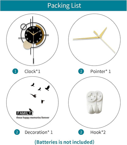 Wall Clock for Living Room Decor Decorative Wall Clock with Pendulum Silent Quartz Battery Operated Black Metal Large Clock for Dining Room,Kitchen,Home,Bathroom,Bedroom,13.8x21.3 in