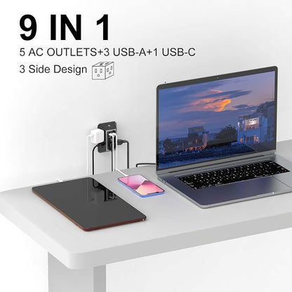 3-Sided Surge Protector Power Strip - QINLIANF Multi Plug Outlet with 5 Outlet Extender and 4 USB Ports(1 USB-C) and Night Light, USB Wall Charger for Home, Office, Travel, ETL Listed, Black