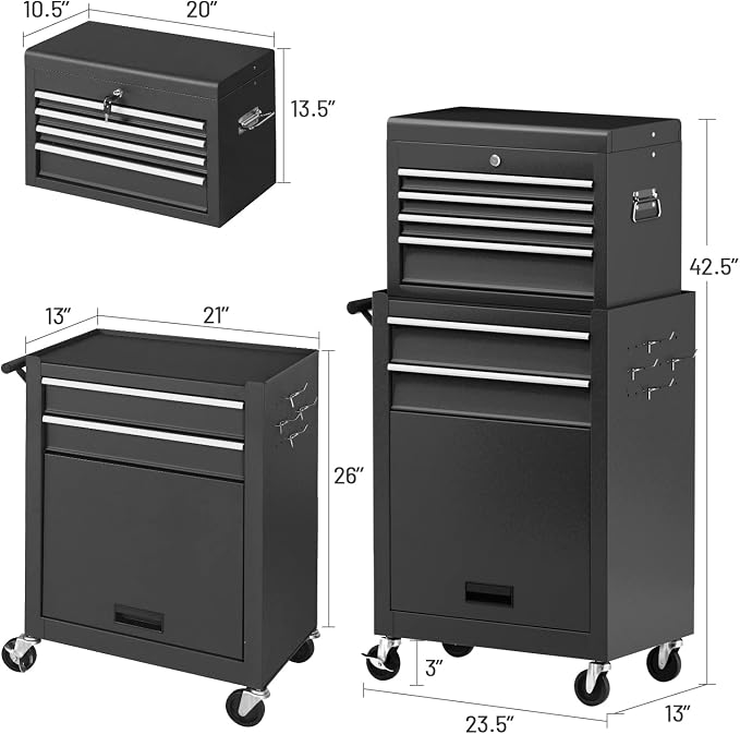 ERGOMASTER Rolling Tool Chest and Cabinet with 6-Drawers - Includes 4-Drawers Removable Top Box, 2-Drawer Capacity Tool Storage, Wheels and Locking System for Convenient and Safe Tool Storage-Black