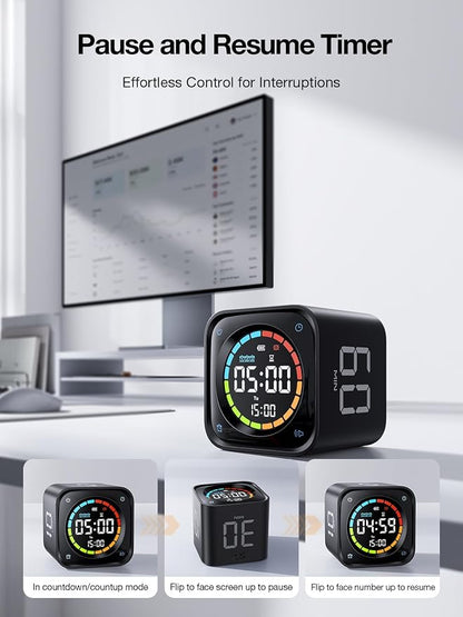 TK3 Pomodoro Timer Cube, Desk Productivity Timer with 5/10/30/60 Min Presets, Custom Countdown, Stopwatch, Clock, 3 Alarm, Silent, Vibrate & Sound Alert, for Task, ADHD, Study, Kitchen, Black