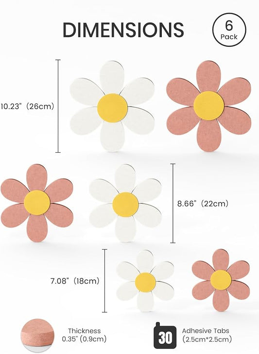 Fluxynara 6 PCS Daisy Felt Flower Wall Decor, Daisy Bulletin Board for Nursery & Girl Room, 3-Size Acoustic Felt Wall Art for Bedroom, Baby’s Room, Kids’ Spaces, Pink/White